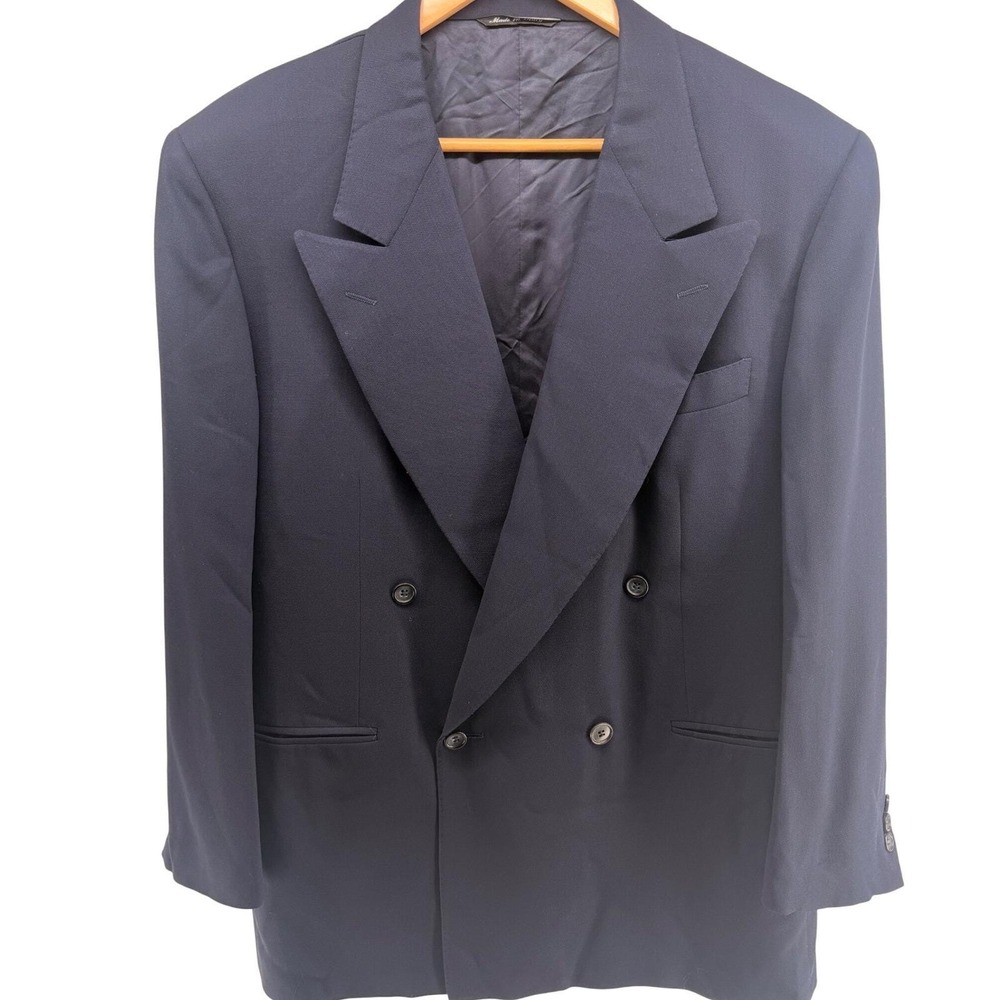 Vintage Canali Double Breasted Navy Blue Wool Suit Blazer Jacket Mens 0831